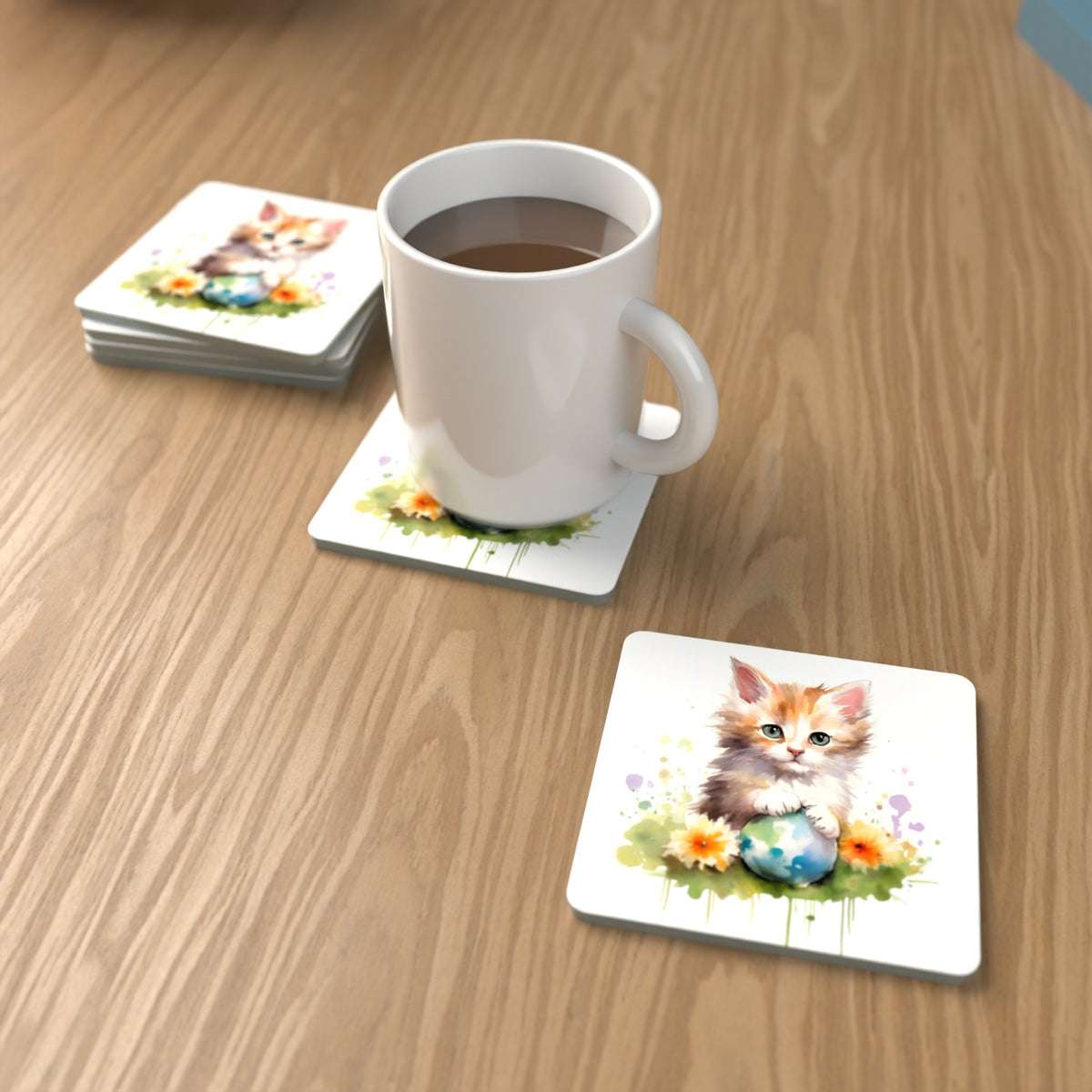 Ginger Kitten with Flowers & Ball Square Glass Coasters – Set of 6 – lifestyle mockup with a mug of coffee