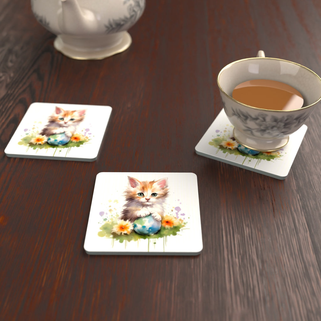 Ginger Kitten with Flowers & Ball Square Glass Coasters – Set of 6 – lifestyle mockup with a teacup