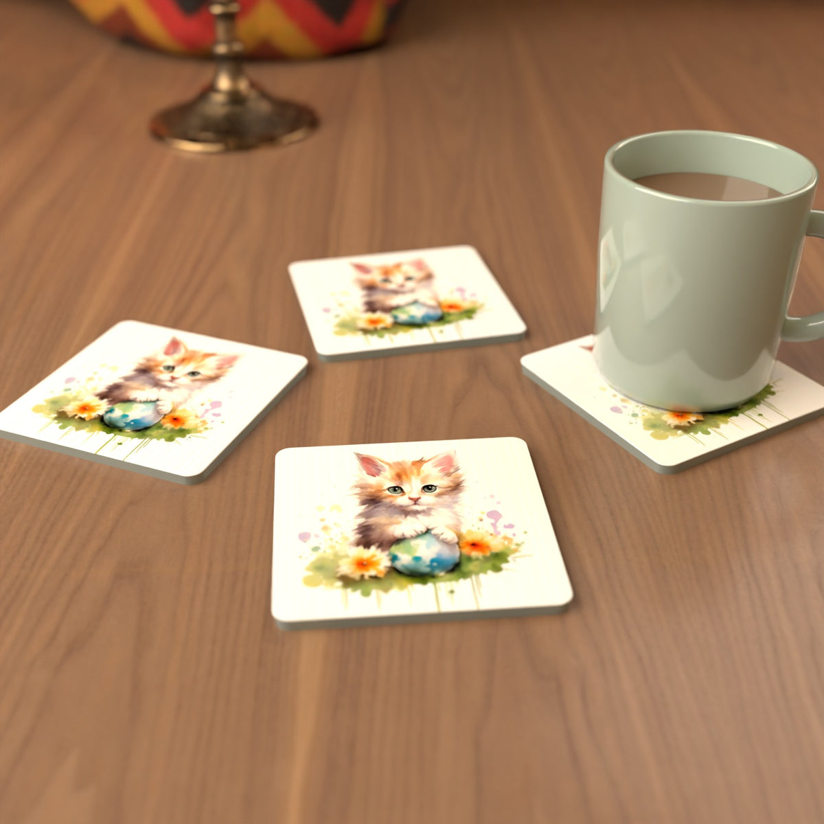 Ginger Kitten with Flowers & Ball Square Glass Coasters – Set of 6 – cosy lifestyle mockup