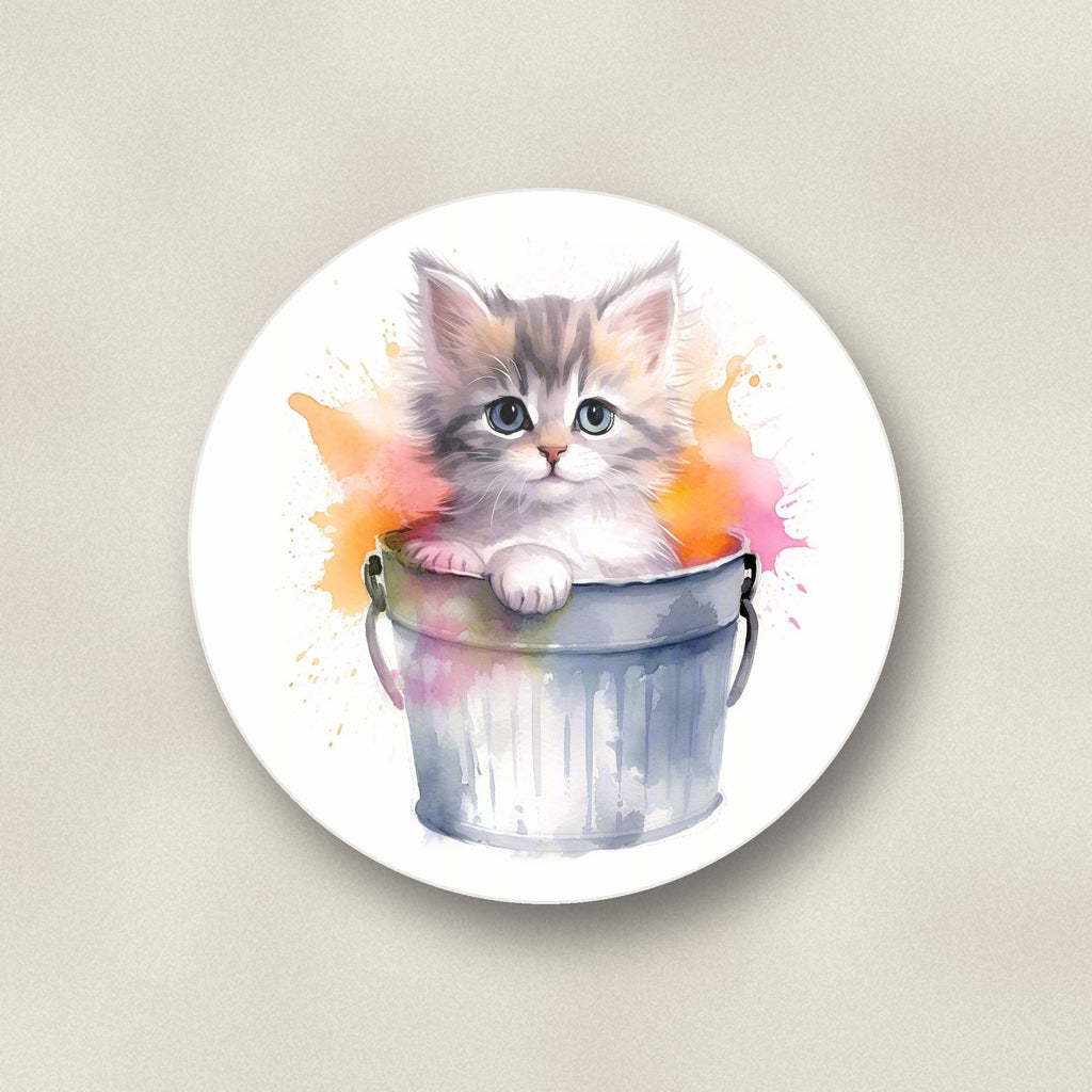 Close-up of one kitten in a tin bucket round ceramic coaster, flat UV print