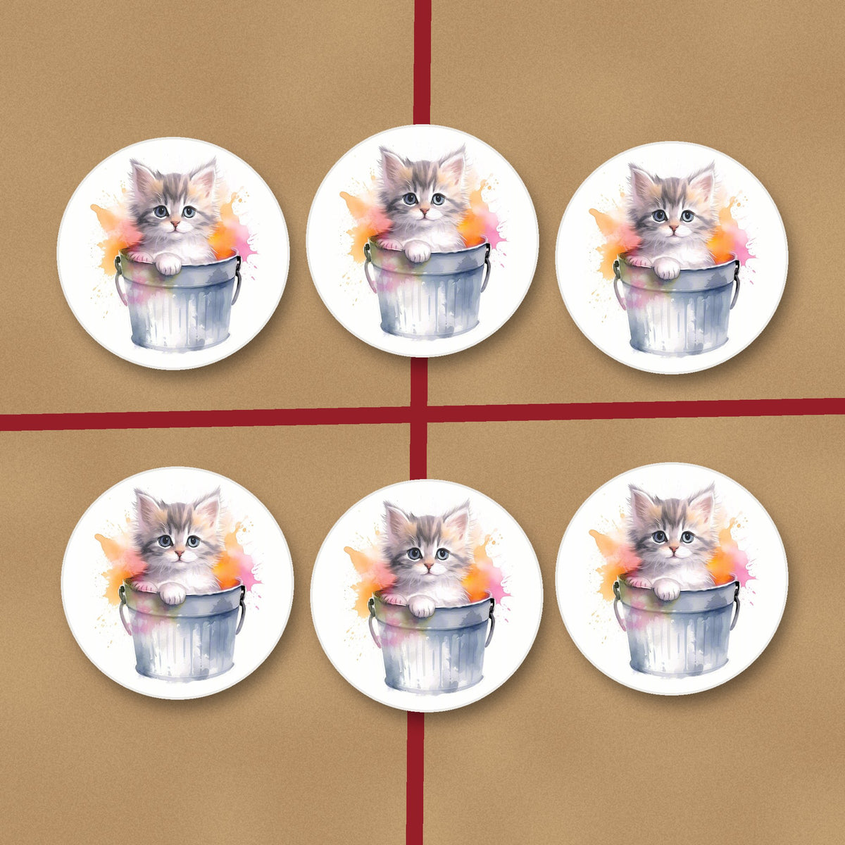Kitten in a Tin Bucket round ceramic coasters on kraft gift wrap