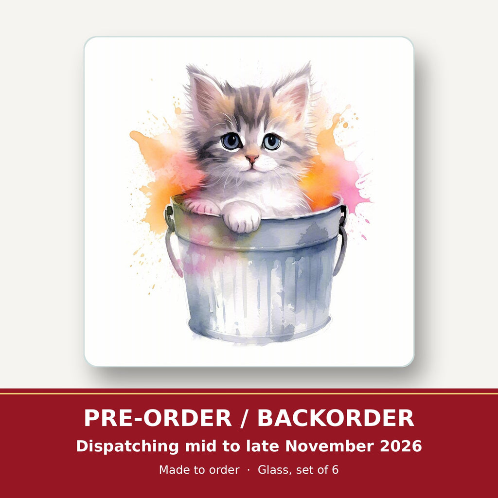 Kitten in a Tin Bucket square glass coaster set of 6 – pre-order / backorder, dispatching mid to late November 2026