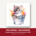Kitten in a Tin Bucket square glass coaster set of 6 – pre-order / backorder, dispatching mid to late November 2026