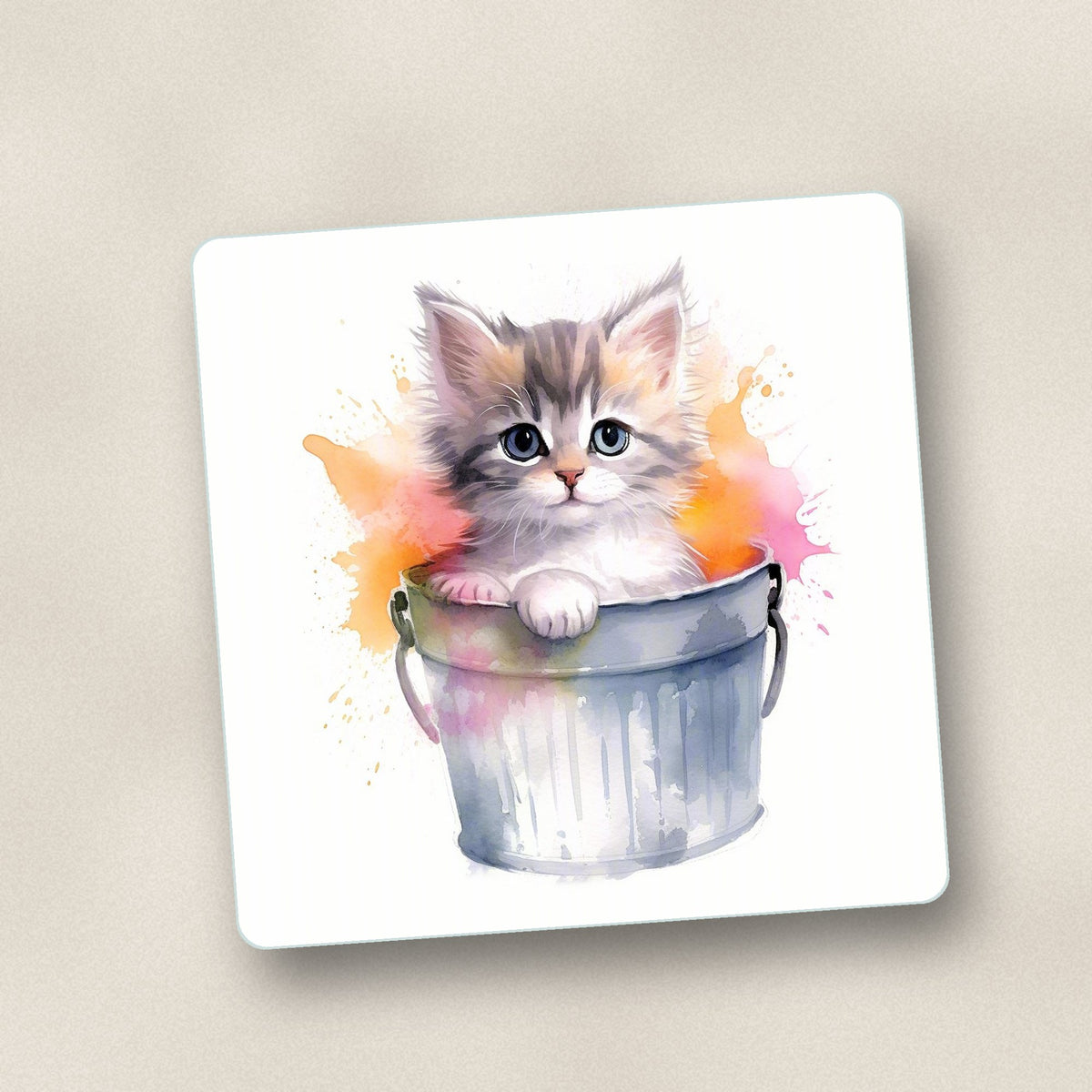 Close-up of one kitten in a tin bucket square glass coaster, flat UV print
