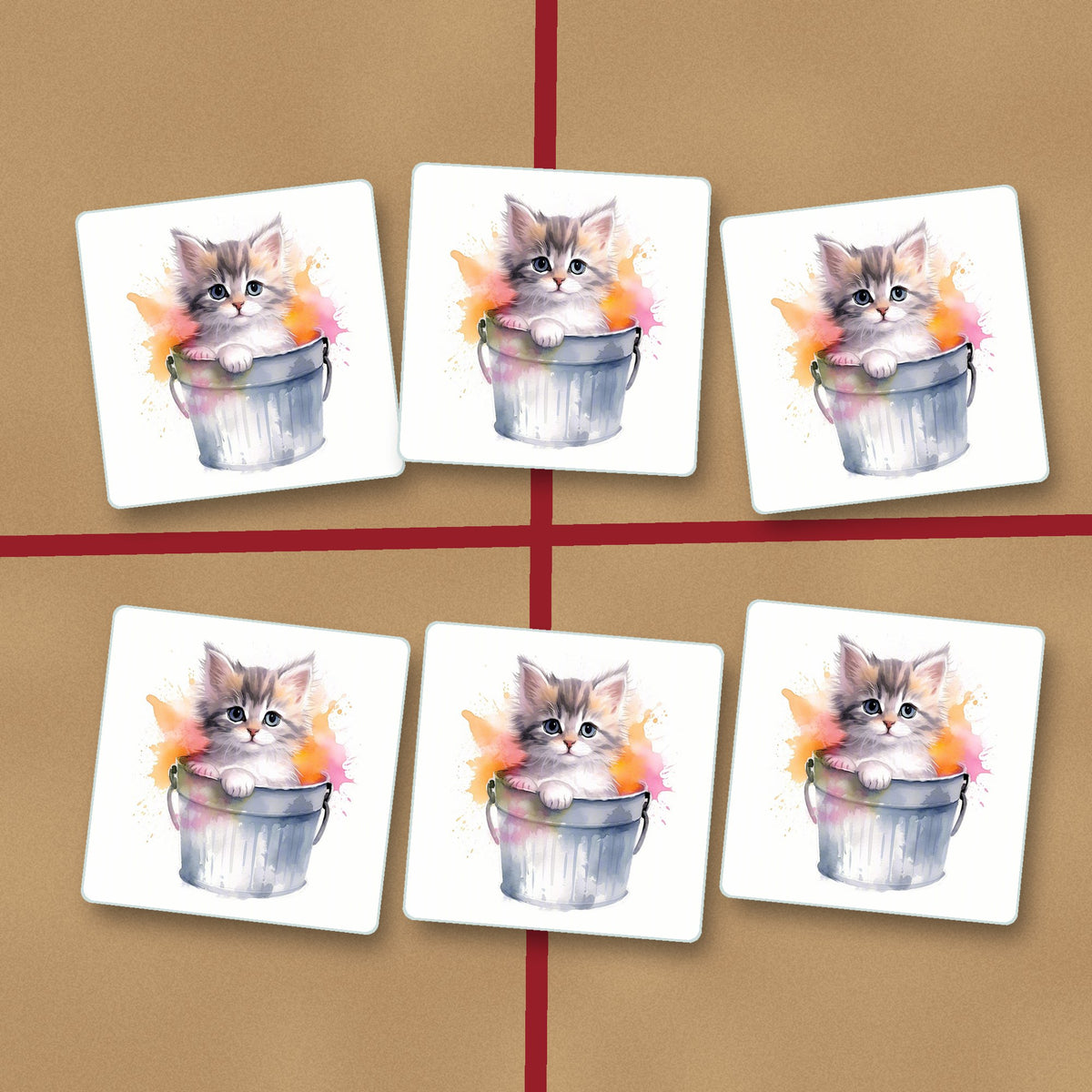 Kitten in a Tin Bucket square glass coasters on kraft gift wrap