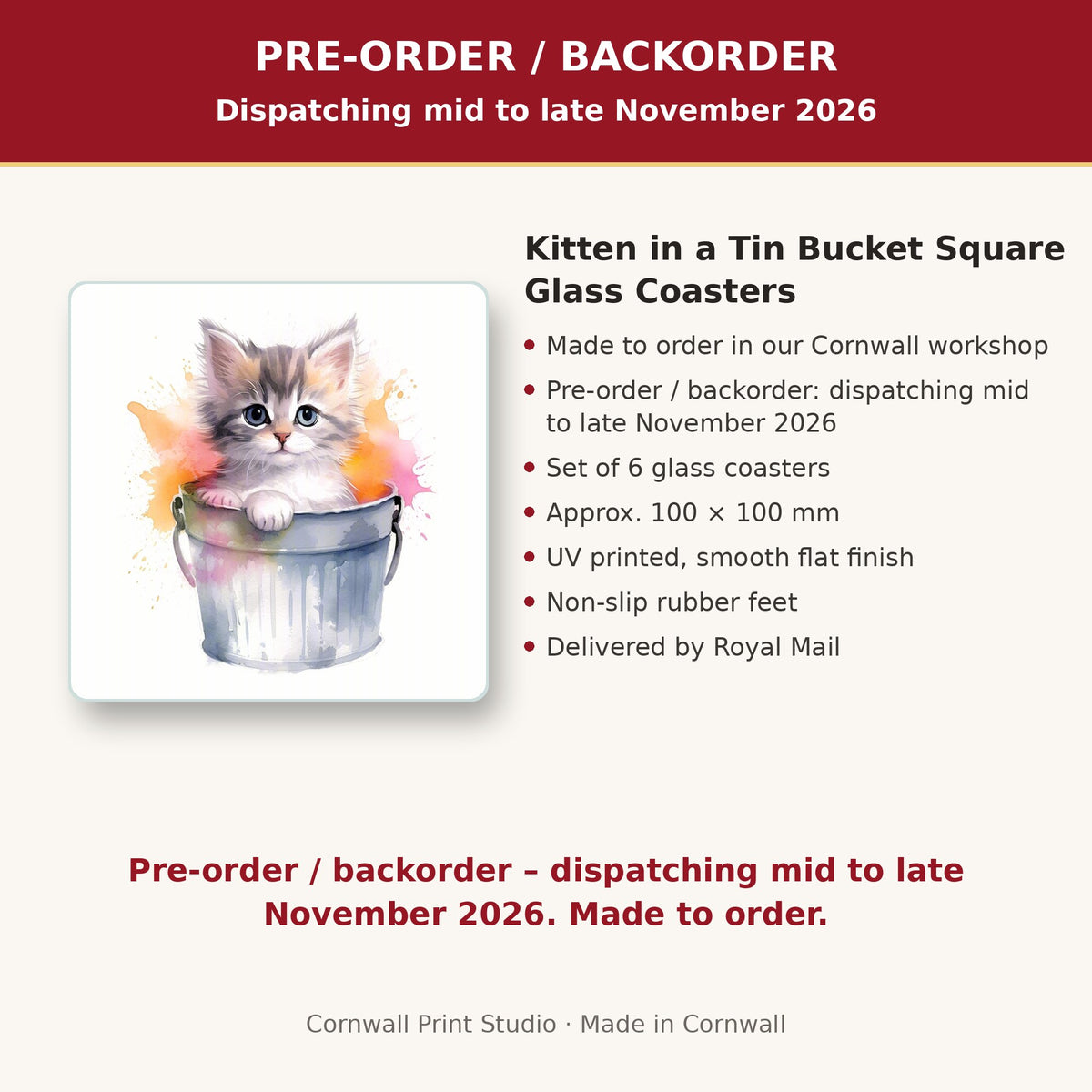 Info card: Kitten in a Tin Bucket Square Glass Coasters – Set of 6, made to order, dispatching mid to late November 2026, delivered by Royal Mail