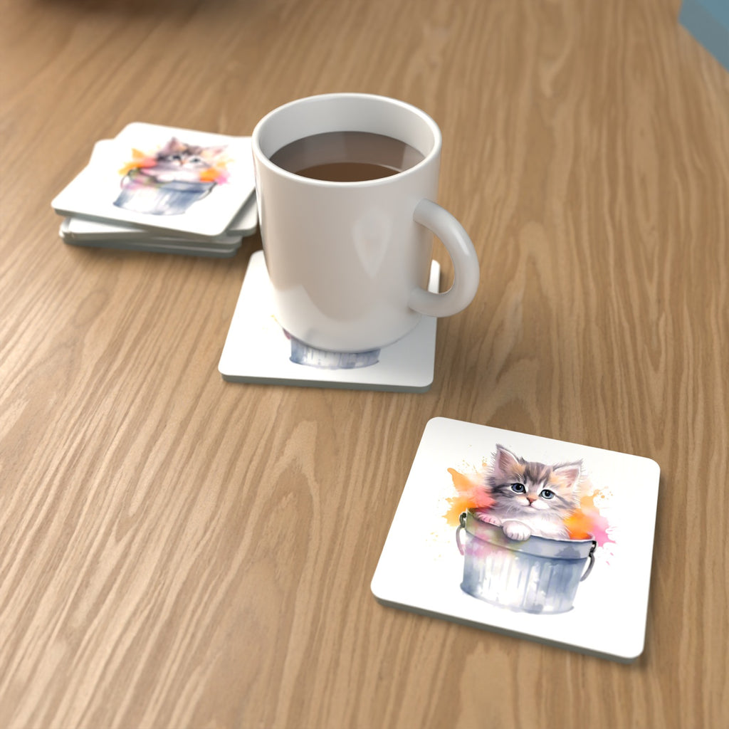 Kitten in a Tin Bucket Square Glass Coasters – Set of 6 – lifestyle mockup with a mug of coffee