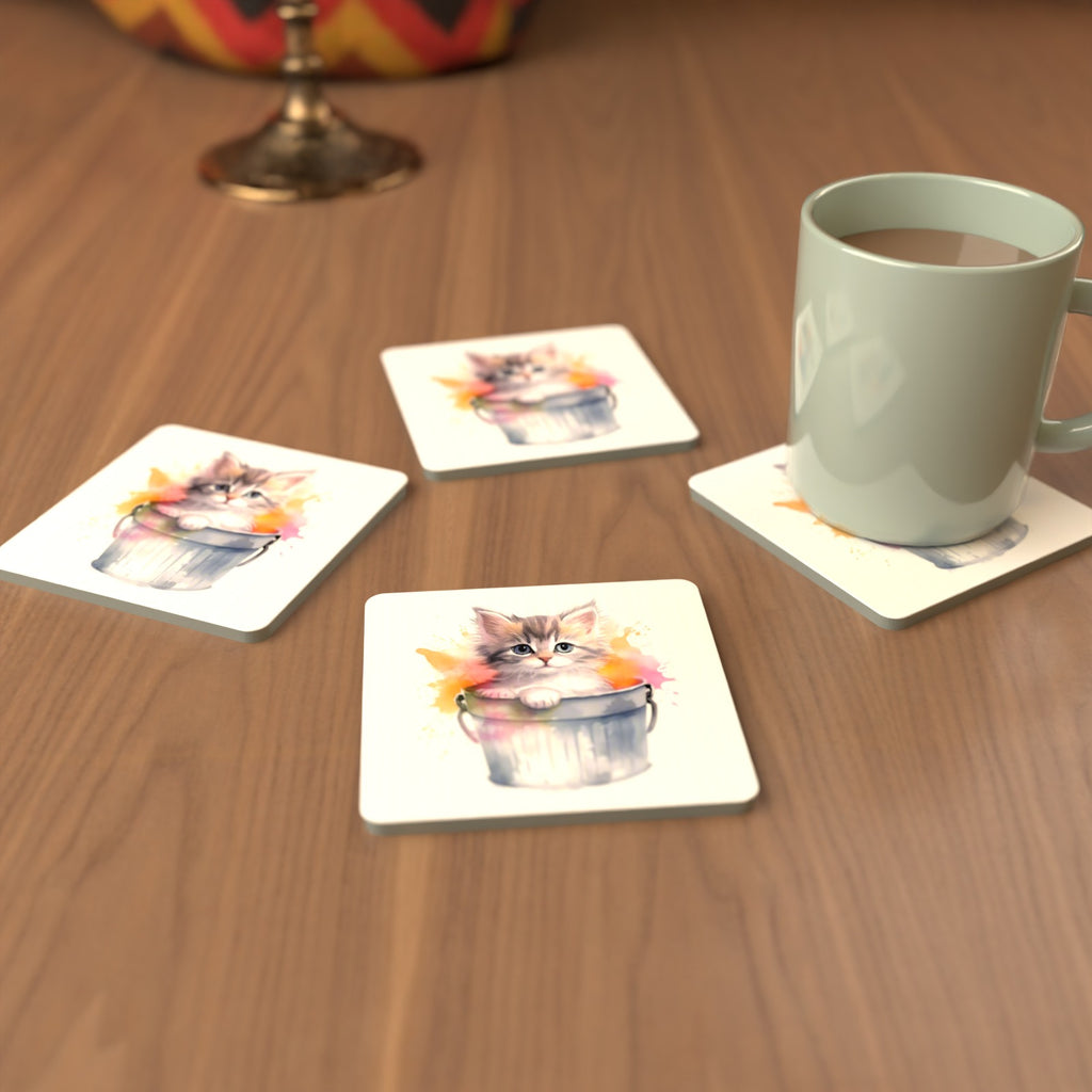 Kitten in a Tin Bucket Square Glass Coasters – Set of 6 – cosy lifestyle mockup