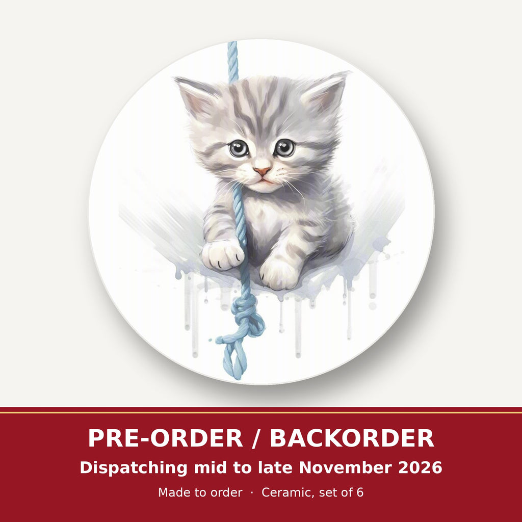 Grey Tabby Kitten on a Rope round ceramic coaster set of 6 – pre-order / backorder, dispatching mid to late November 2026