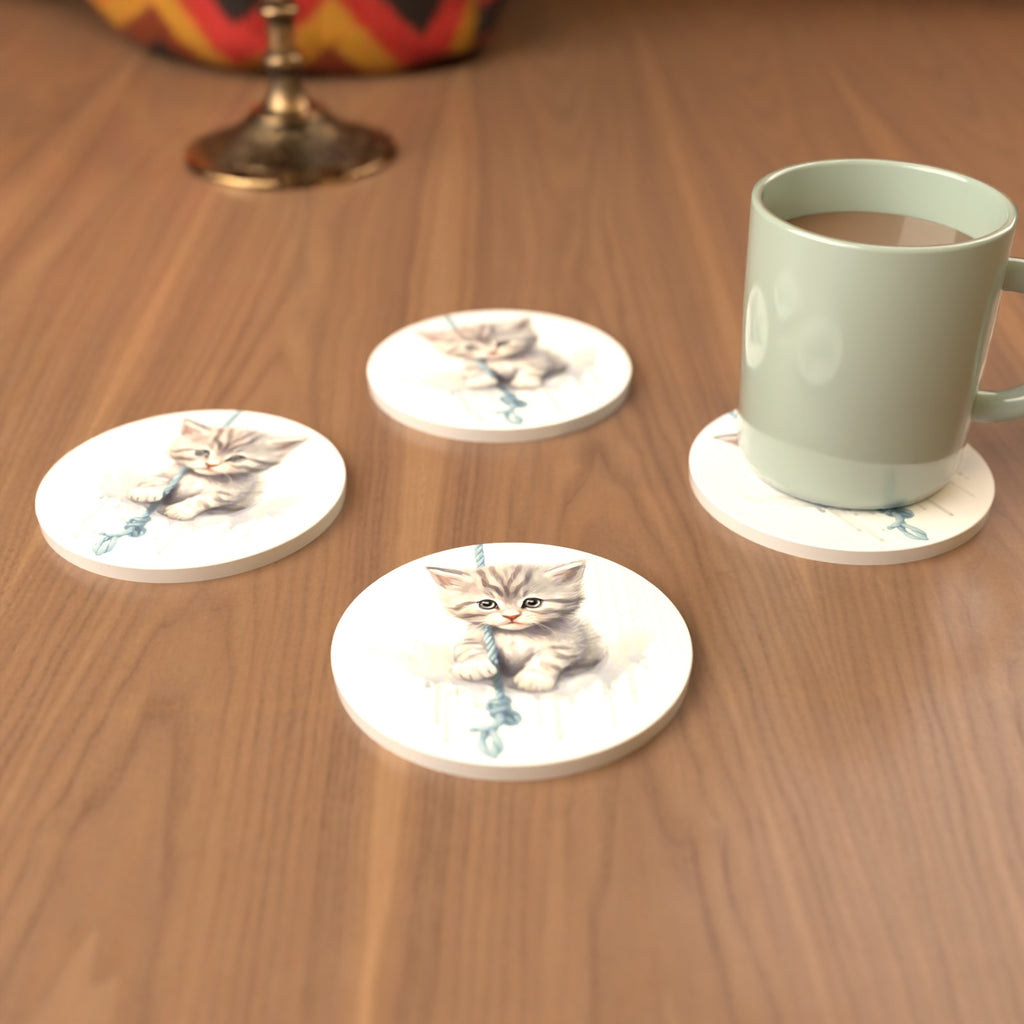 Grey Tabby Kitten on a Rope Round Ceramic Coasters – Set of 6 – cosy lifestyle mockup