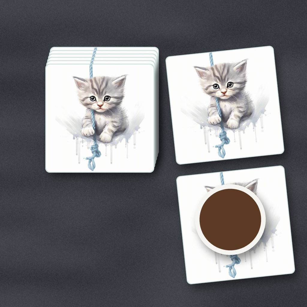 Grey Tabby Kitten on a Rope square glass coasters stacked on a slate kitchen worktop