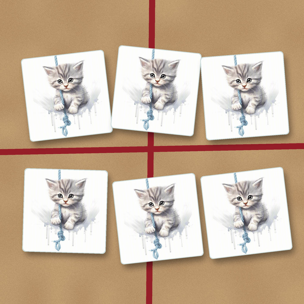Grey Tabby Kitten on a Rope square glass coasters on kraft gift wrap