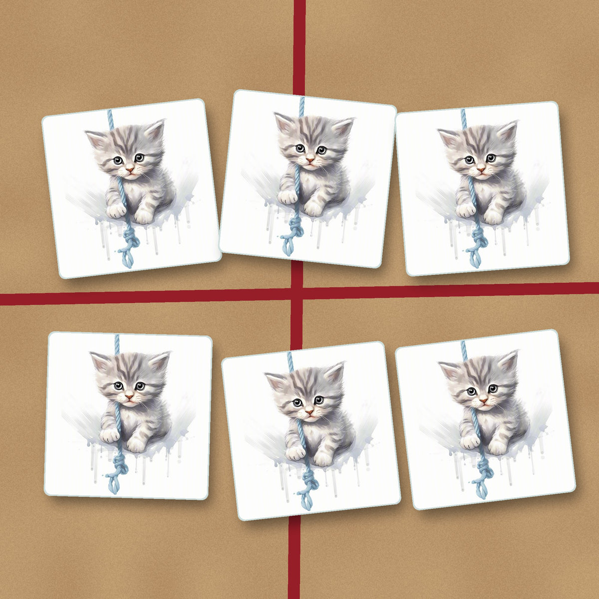 Grey Tabby Kitten on a Rope square glass coasters on kraft gift wrap