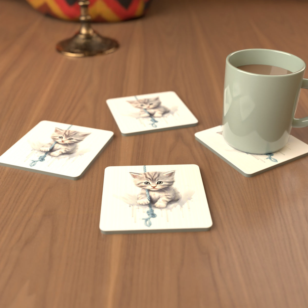 Grey Tabby Kitten on a Rope Square Glass Coasters – Set of 6 – cosy lifestyle mockup