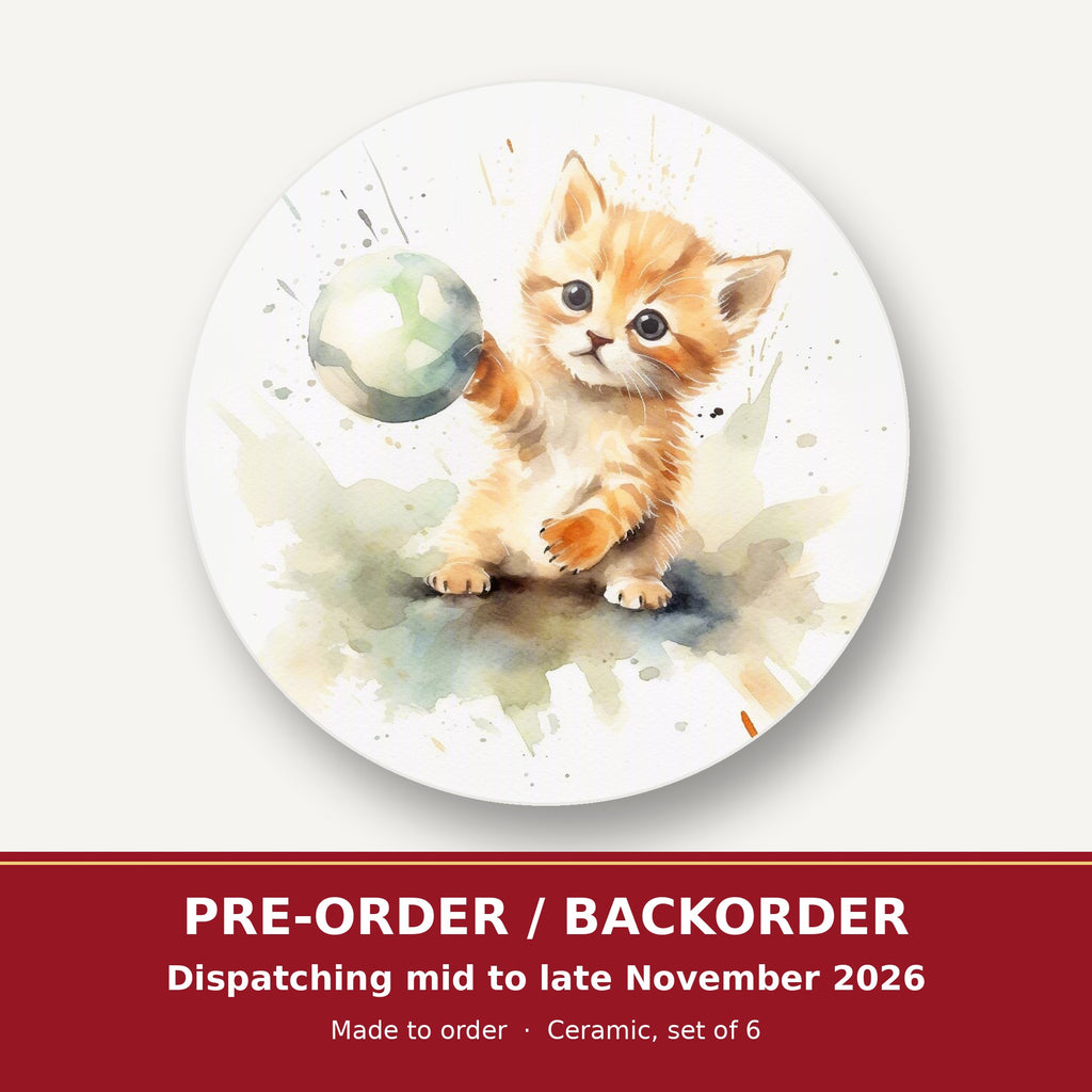 Ginger Kitten Playing with a Ball round ceramic coaster set of 6 – pre-order / backorder, dispatching mid to late November 2026