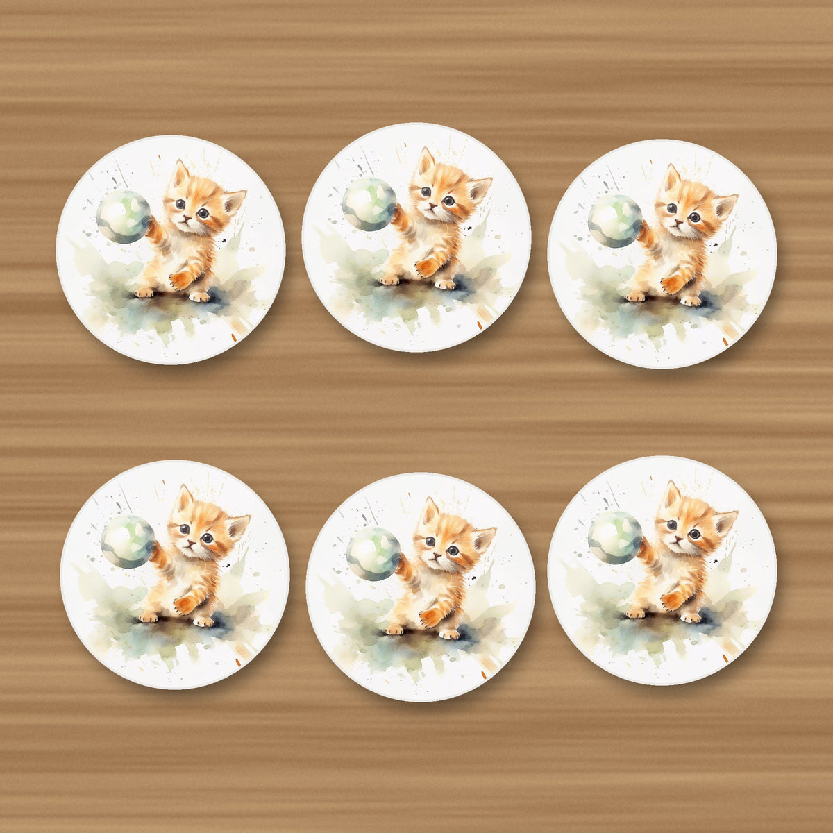 Ginger Kitten Playing with a Ball round ceramic coasters, set of 6, on an oak coffee table
