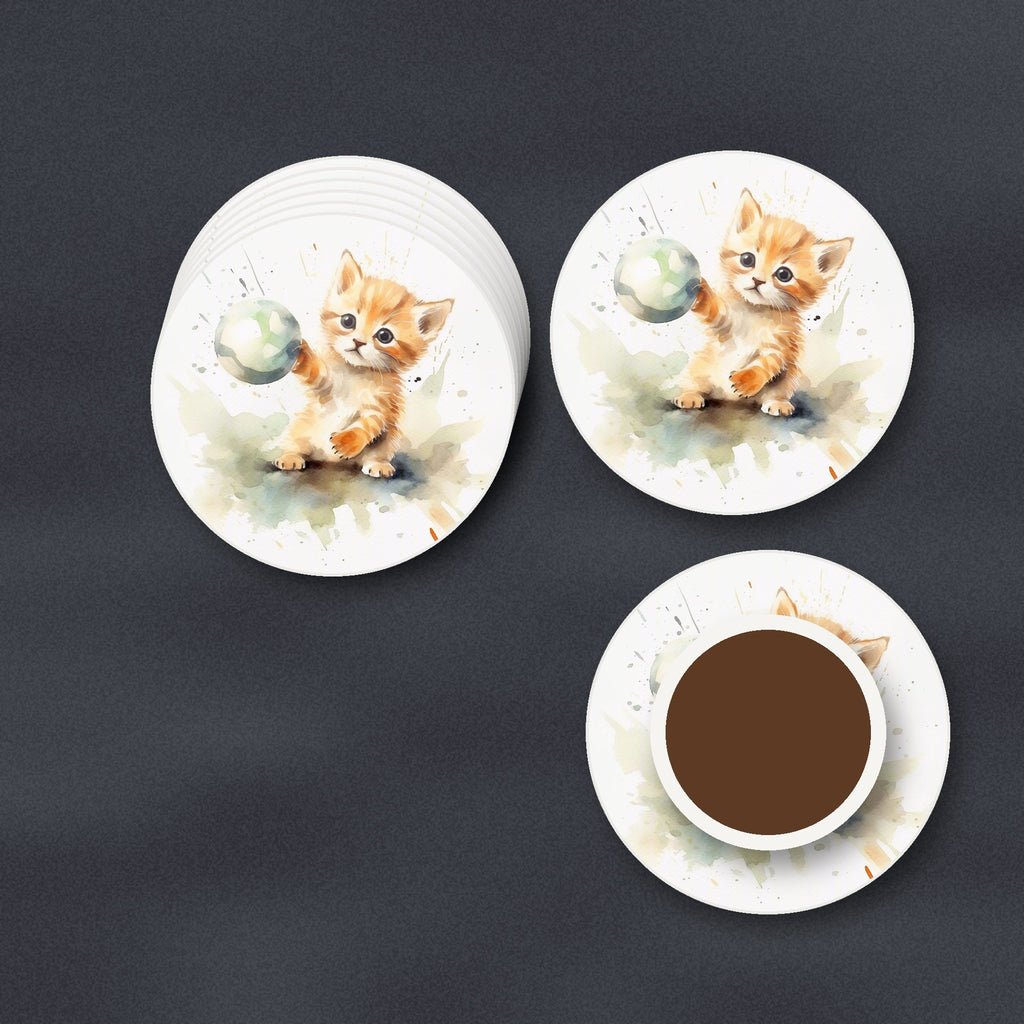 Ginger Kitten Playing with a Ball round ceramic coasters stacked on a slate kitchen worktop