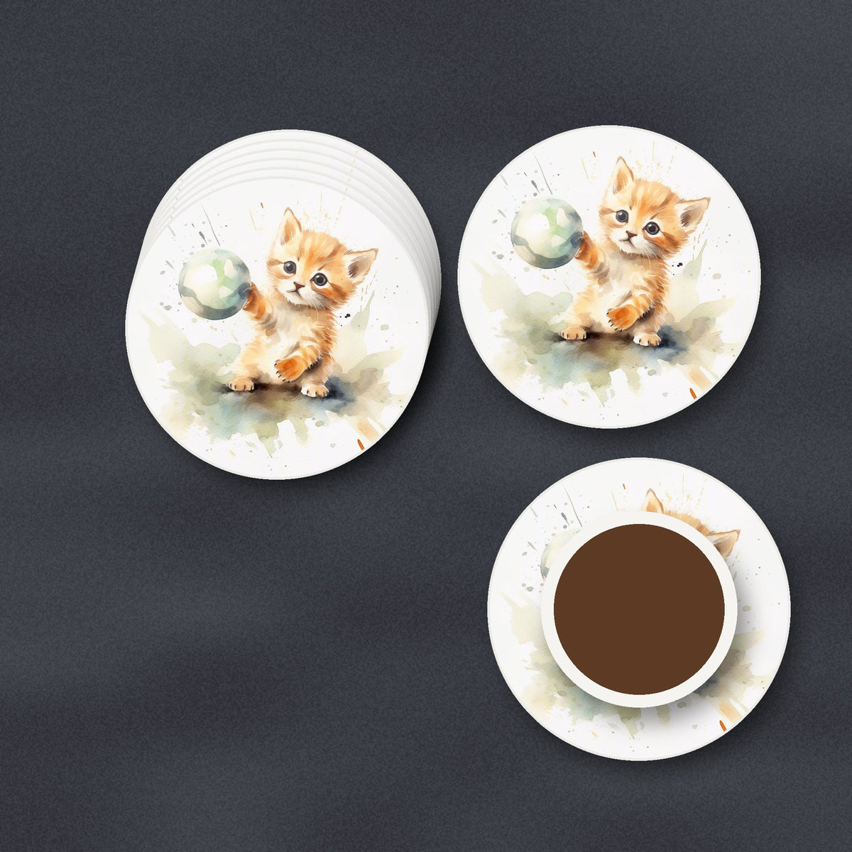 Ginger Kitten Playing with a Ball round ceramic coasters stacked on a slate kitchen worktop