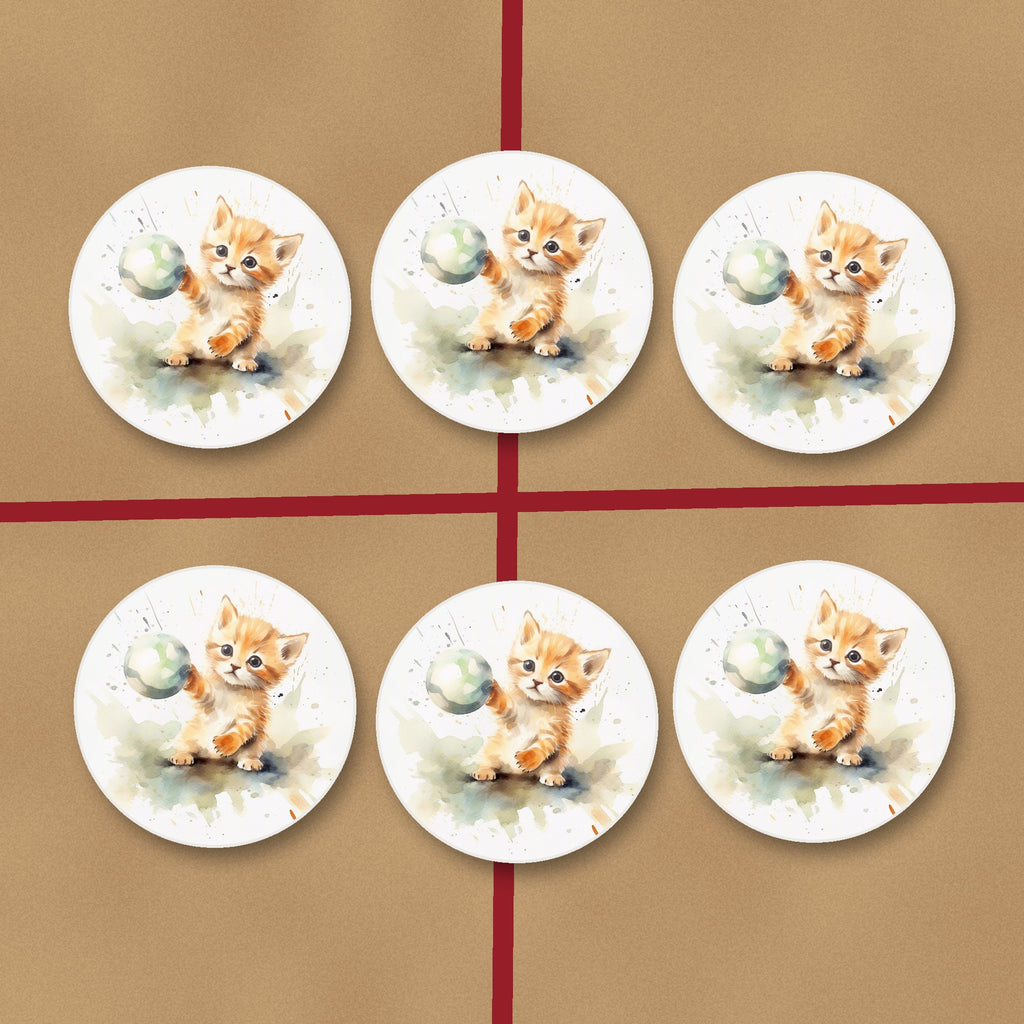 Ginger Kitten Playing with a Ball round ceramic coasters on kraft gift wrap