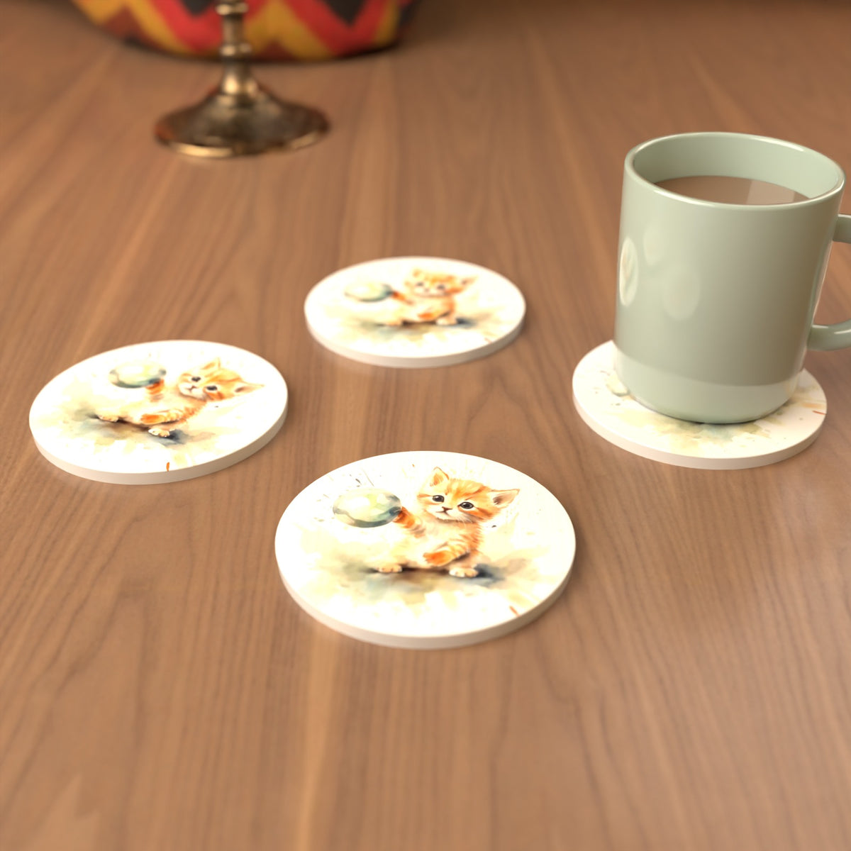 Ginger Kitten Playing with a Ball Round Ceramic Coasters – Set of 6 – cosy lifestyle mockup