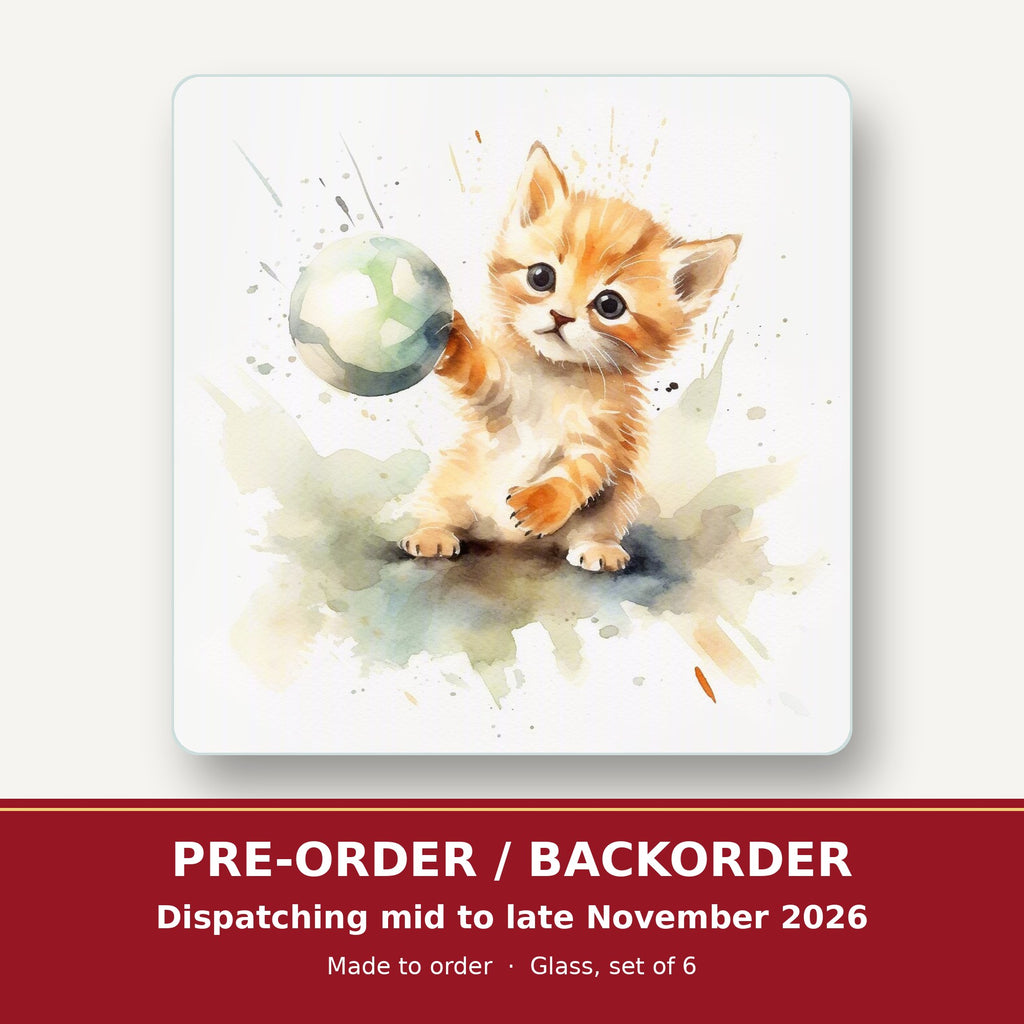 Ginger Kitten Playing with a Ball square glass coaster set of 6 – pre-order / backorder, dispatching mid to late November 2026