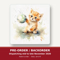 Ginger Kitten Playing with a Ball square glass coaster set of 6 – pre-order / backorder, dispatching mid to late November 2026