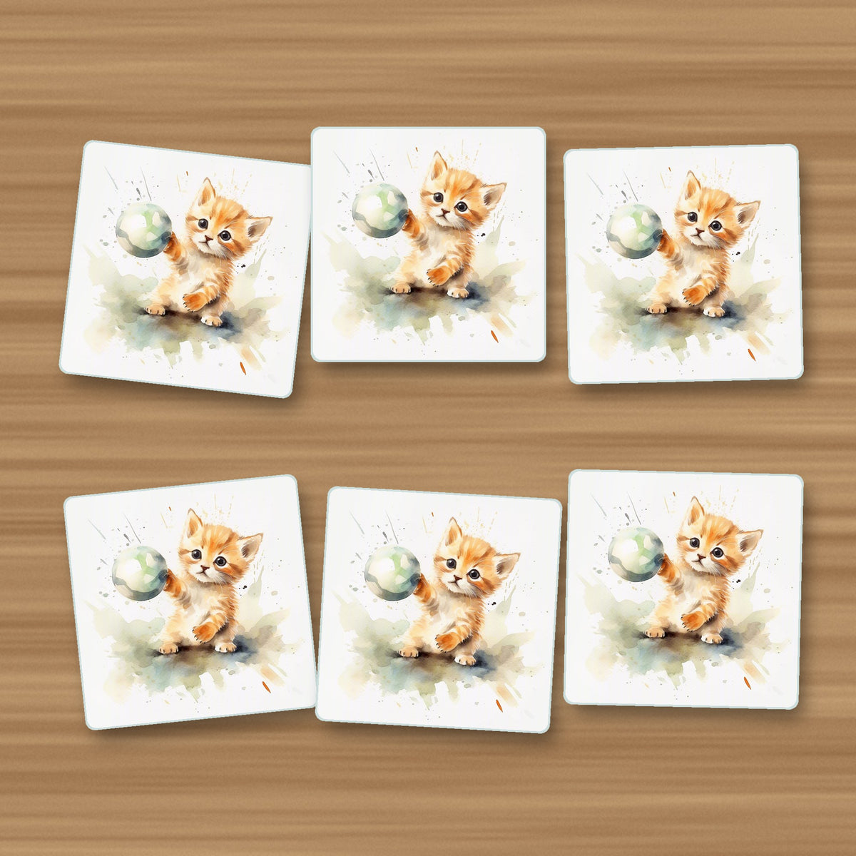 Ginger Kitten Playing with a Ball square glass coasters, set of 6, on an oak coffee table