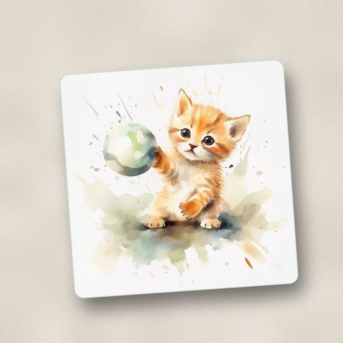 Close-up of one ginger kitten playing with a ball square glass coaster, flat UV print