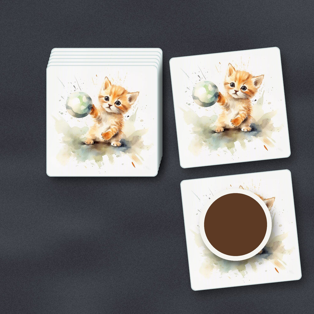 Ginger Kitten Playing with a Ball square glass coasters stacked on a slate kitchen worktop
