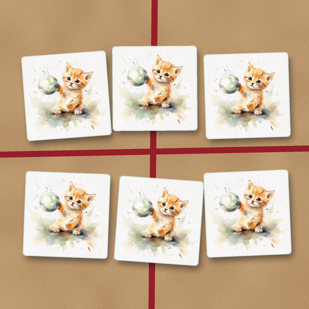 Ginger Kitten Playing with a Ball square glass coasters on kraft gift wrap