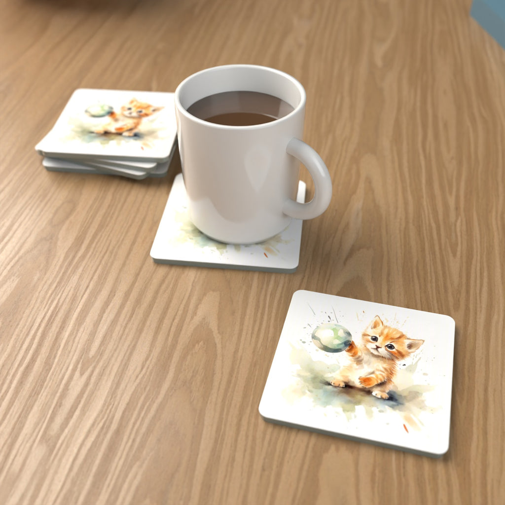 Ginger Kitten Playing with a Ball Square Glass Coasters – Set of 6 – lifestyle mockup with a mug of coffee