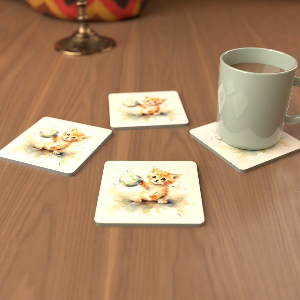 Ginger Kitten Playing with a Ball Square Glass Coasters – Set of 6 – cosy lifestyle mockup