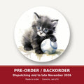 Black Kitten with a Ball round ceramic coaster set of 6 – pre-order / backorder, dispatching mid to late November 2026