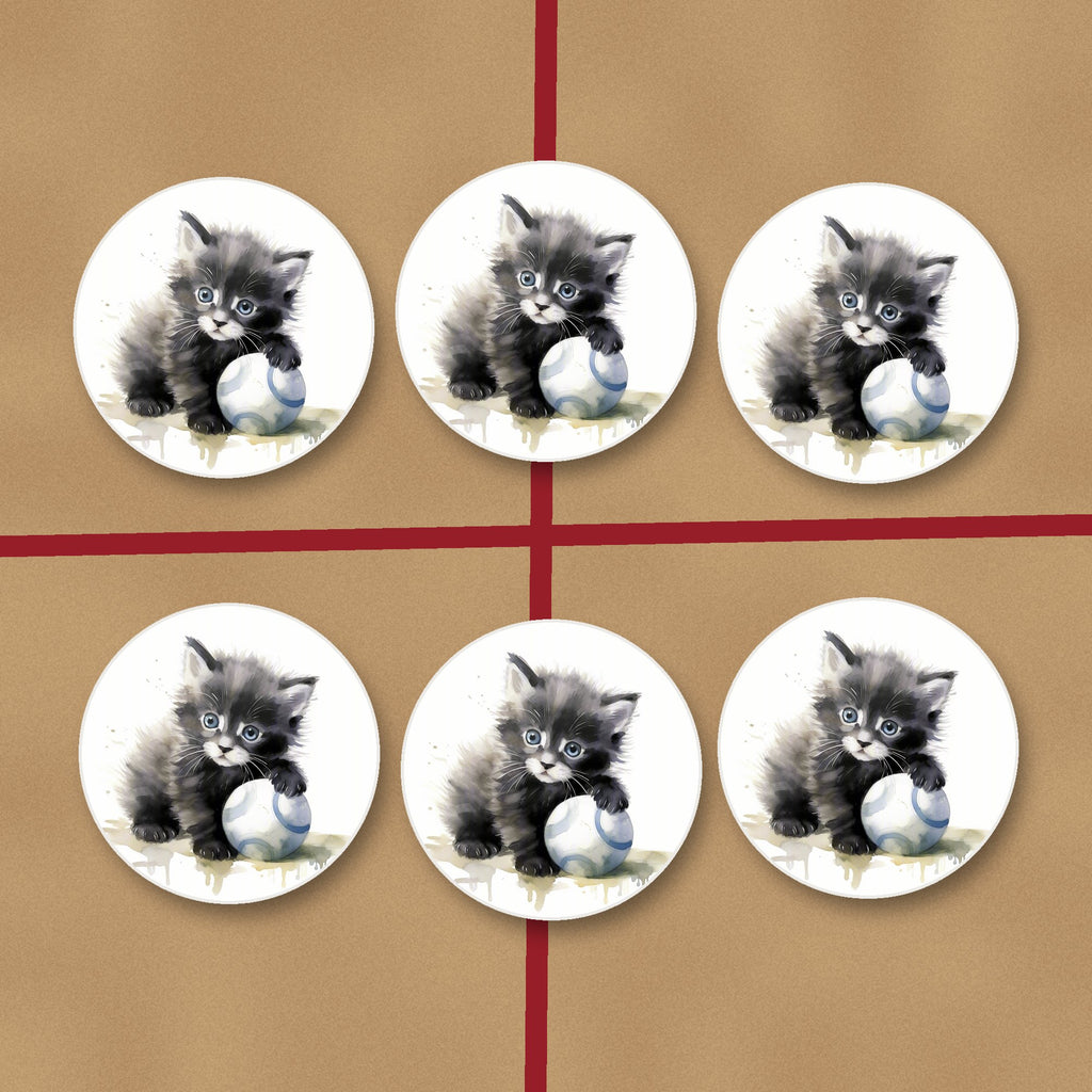 Black Kitten with a Ball round ceramic coasters on kraft gift wrap