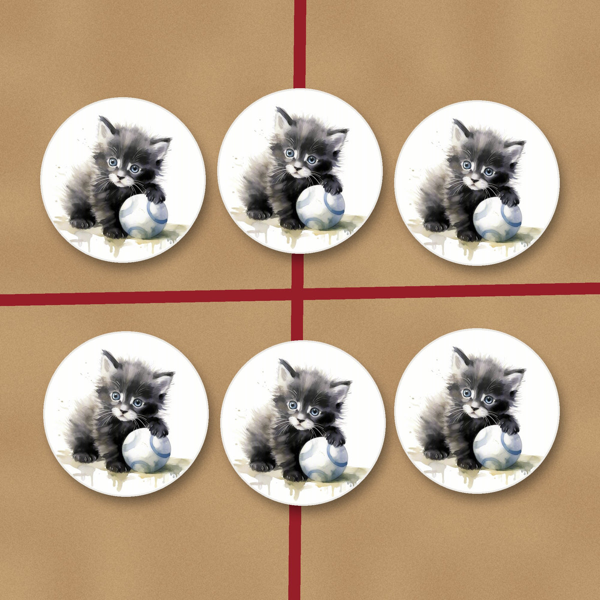 Black Kitten with a Ball round ceramic coasters on kraft gift wrap