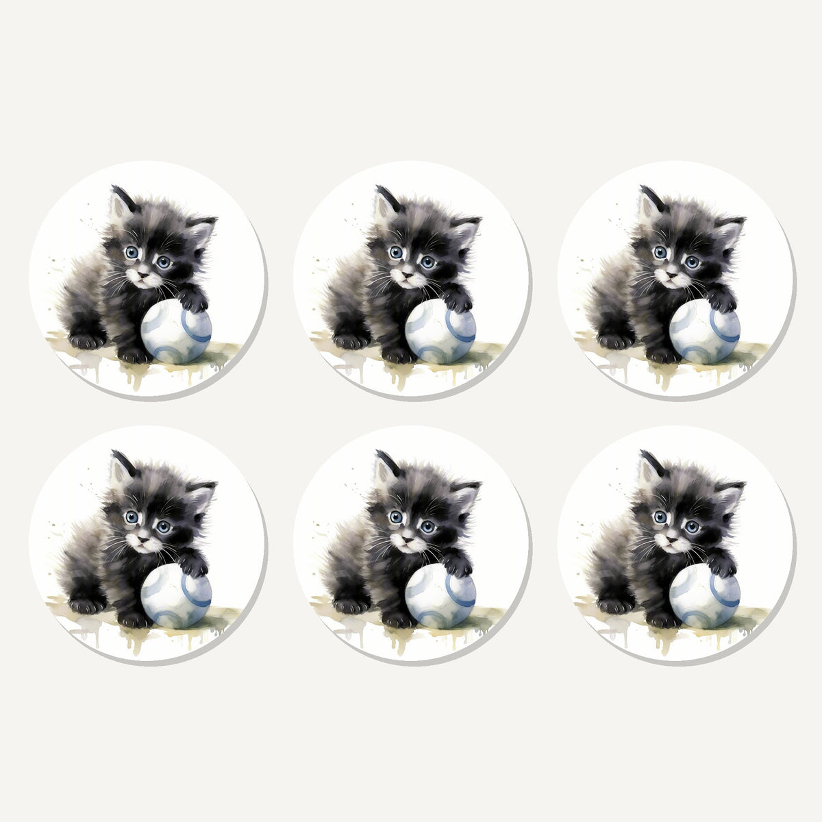 Flat lay of the black kitten with a ball artwork on six round coasters