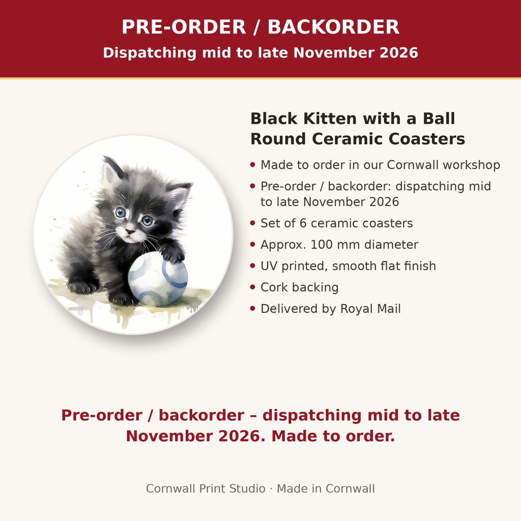 Info card: Black Kitten with a Ball Round Ceramic Coasters – Set of 6, made to order, dispatching mid to late November 2026, delivered by Royal Mail