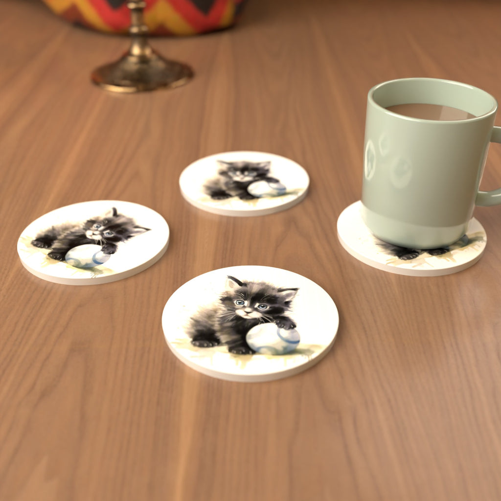 Black Kitten with a Ball Round Ceramic Coasters – Set of 6 – cosy lifestyle mockup