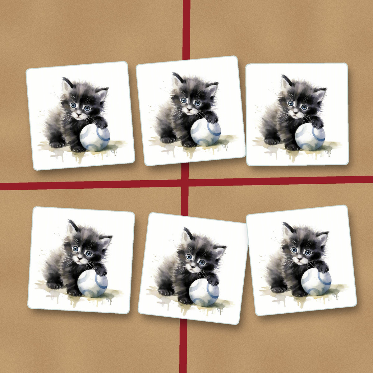 Black Kitten with a Ball square glass coasters on kraft gift wrap