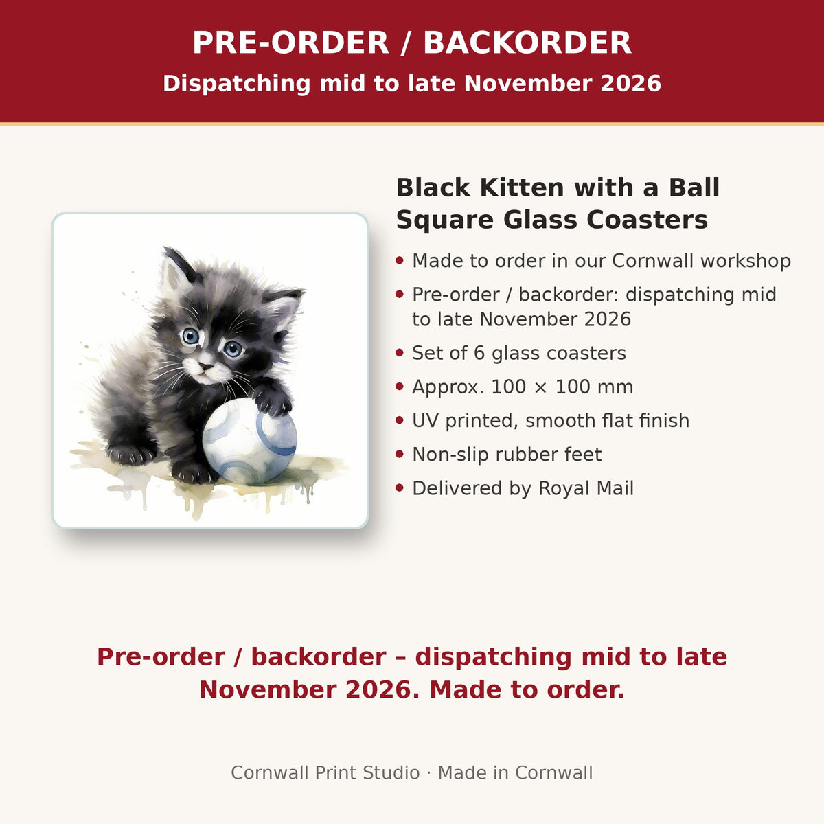Info card: Black Kitten with a Ball Square Glass Coasters – Set of 6, made to order, dispatching mid to late November 2026, delivered by Royal Mail