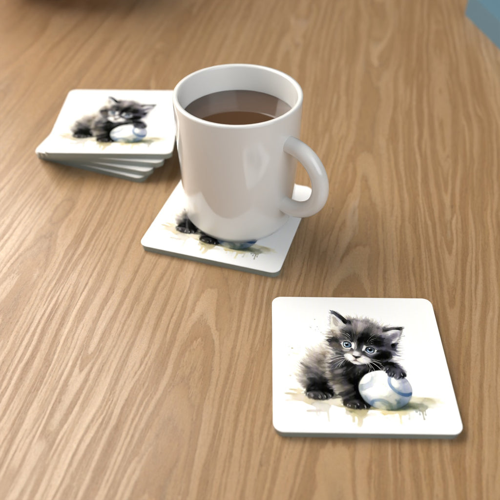 Black Kitten with a Ball Square Glass Coasters – Set of 6 – lifestyle mockup with a mug of coffee