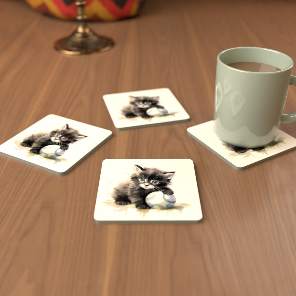 Black Kitten with a Ball Square Glass Coasters – Set of 6 – cosy lifestyle mockup