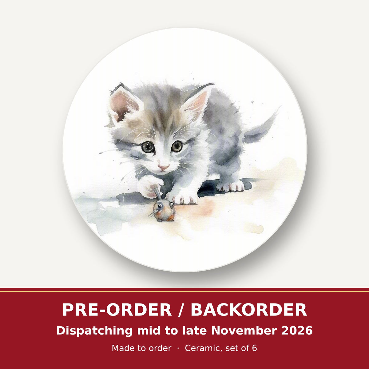 Grey Kitten at Play round ceramic coaster set of 6 – pre-order / backorder, dispatching mid to late November 2026