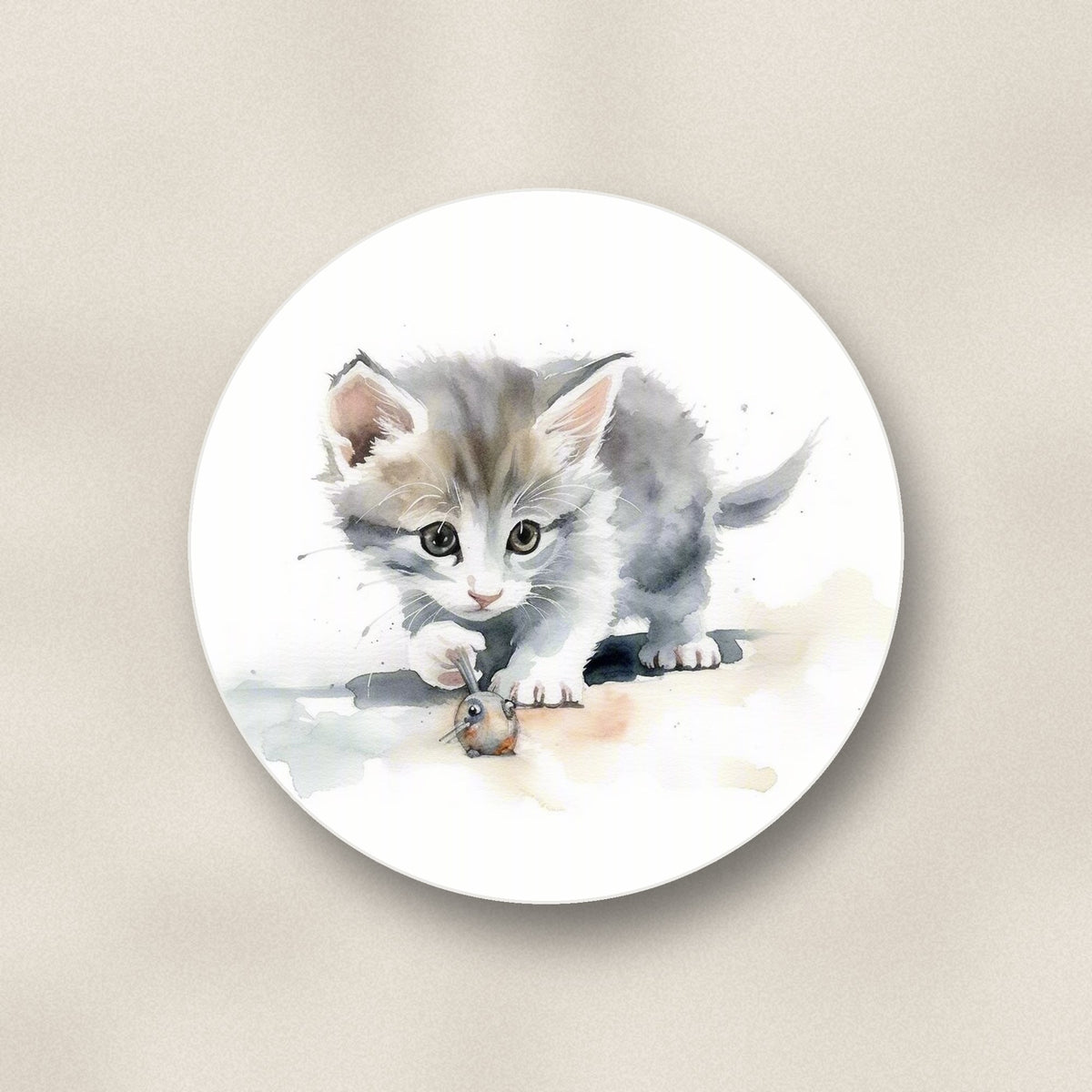 Close-up of one grey kitten at play round ceramic coaster, flat UV print