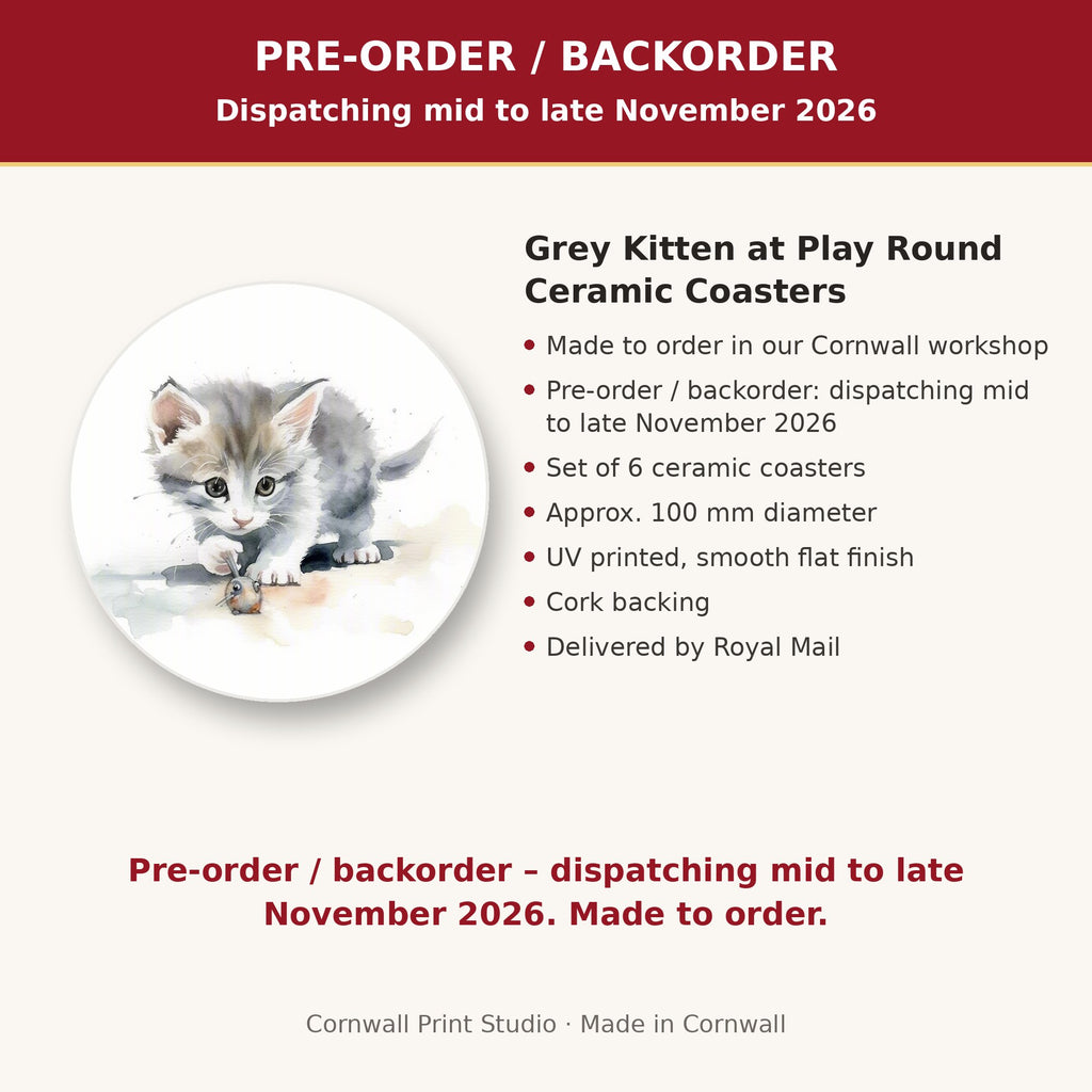 Info card: Grey Kitten at Play Round Ceramic Coasters – Set of 6, made to order, dispatching mid to late November 2026, delivered by Royal Mail