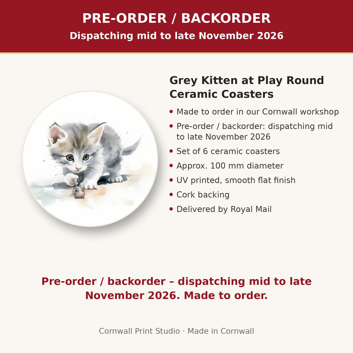Info card: Grey Kitten at Play Round Ceramic Coasters – Set of 6, made to order, dispatching mid to late November 2026, delivered by Royal Mail