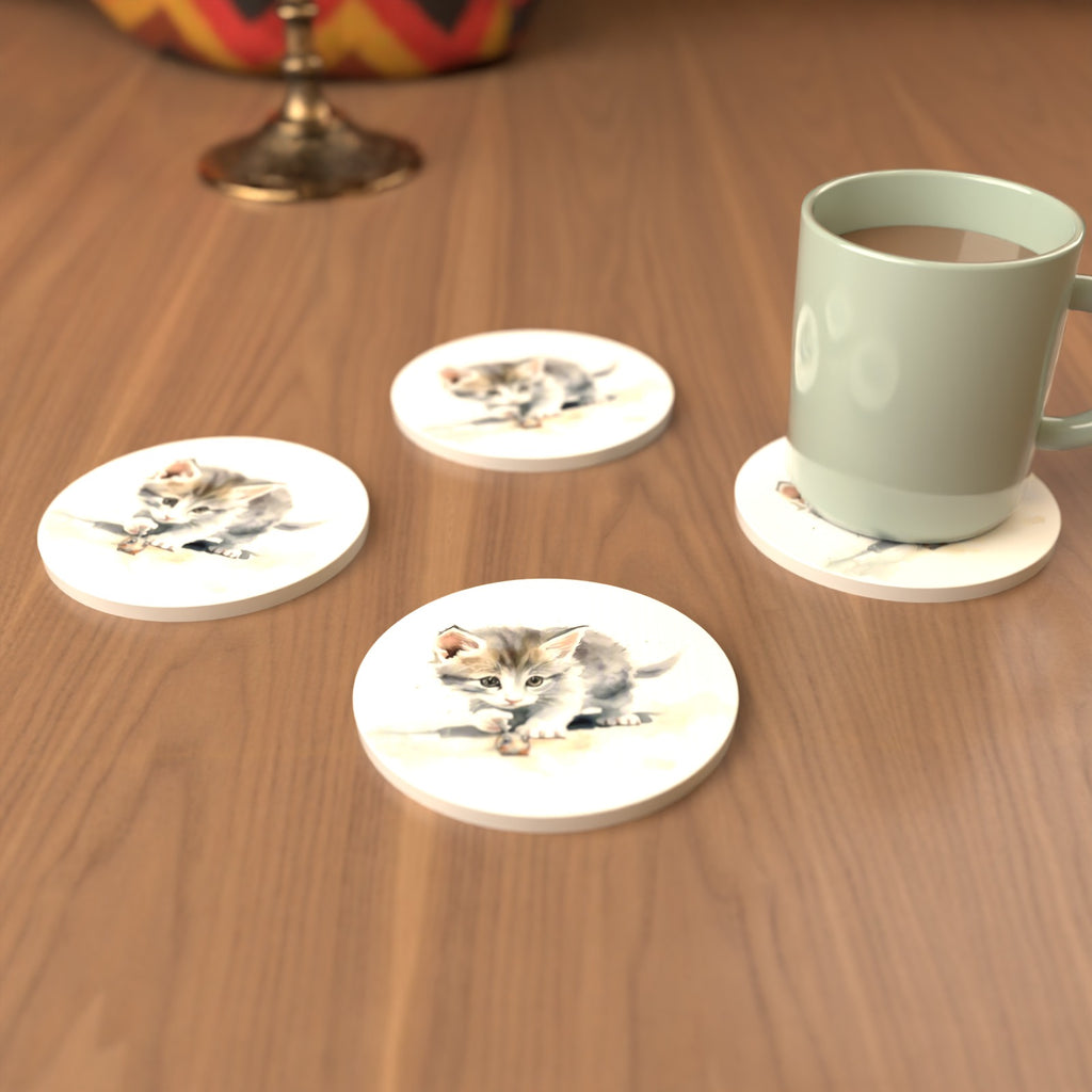 Grey Kitten at Play Round Ceramic Coasters – Set of 6 – cosy lifestyle mockup