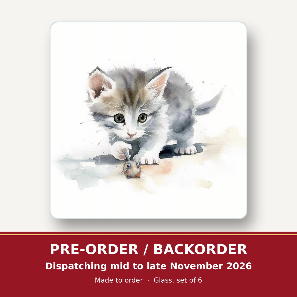 Grey Kitten at Play square glass coaster set of 6 – pre-order / backorder, dispatching mid to late November 2026
