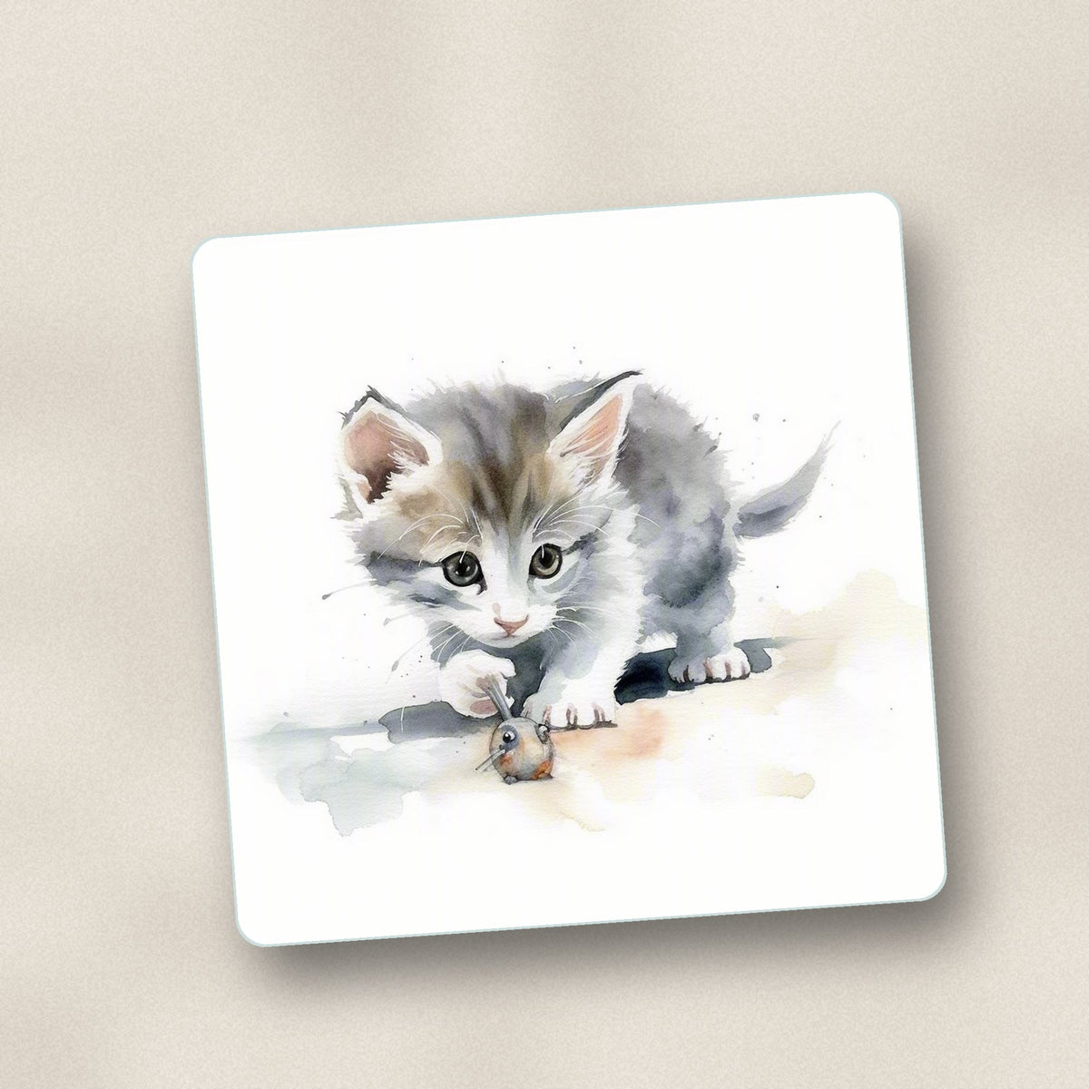 Close-up of one grey kitten at play square glass coaster, flat UV print
