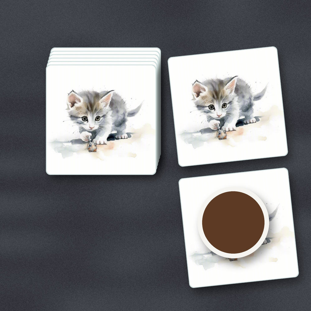 Grey Kitten at Play square glass coasters stacked on a slate kitchen worktop